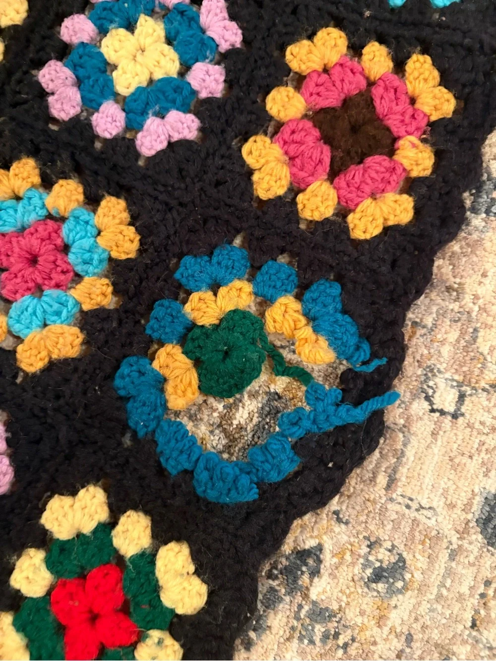 Vintage Granny Square Afghan Hand Crochet Multi-Color Black Blanket 81x51” Twin?